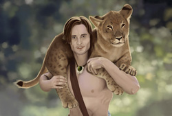 Daniel Goddard as The Beastmaster carrying a lion cub on his shoulders