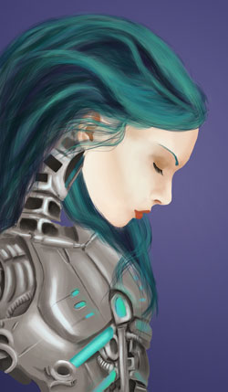 Digital painting of a female robot with turquoise hair painted in Adobe Photoshop by Danielle MacDonald