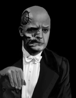 Black and white digital painting of Ramin Karimloo as the Phantom of the Opera without mask, painted in Adobe Photoshop by Danielle MacDonald