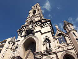 Photograph taken by Danielle MacDonald at the base of Eglise Sainte-Perpetue et Sainte-Felicite de Nimes and looking up