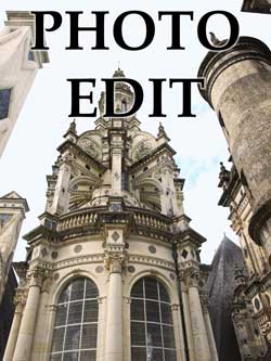 On the left is the original photograph of a tower on the roof the Chateau de Chambord. On the right is the same image after it has been brightened and colour corrected in Photoshop.
