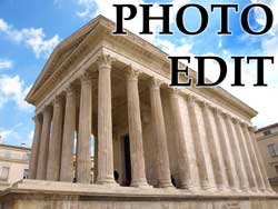 The left image is a dull looking photo of the Maison Carree in Nimes, on the right the image has been has been edited in Photoshop for bolder colours.
