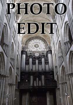 Left image is of a dark cathedral pipe organ, on the right the image has been brightened up considerably so that all the details in the organ, vaulted ceiling and stone column can be seen.